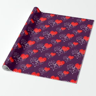Singing Heart Pattern. Red Hearts, White Notes Wrapping Paper