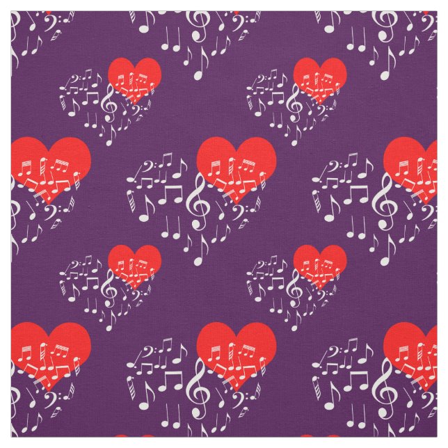 Singing Heart Pattern. White Notes On Violet Fabric (Swatch)
