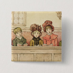 Singing in church (w/c on paper) 15 cm square badge