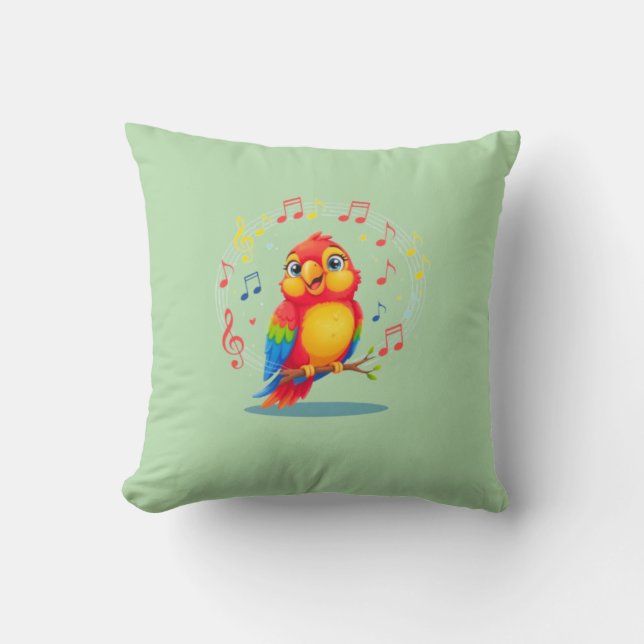 **Singing Parrot – Cute Parrot Singing Illustratio Cushion (Front)