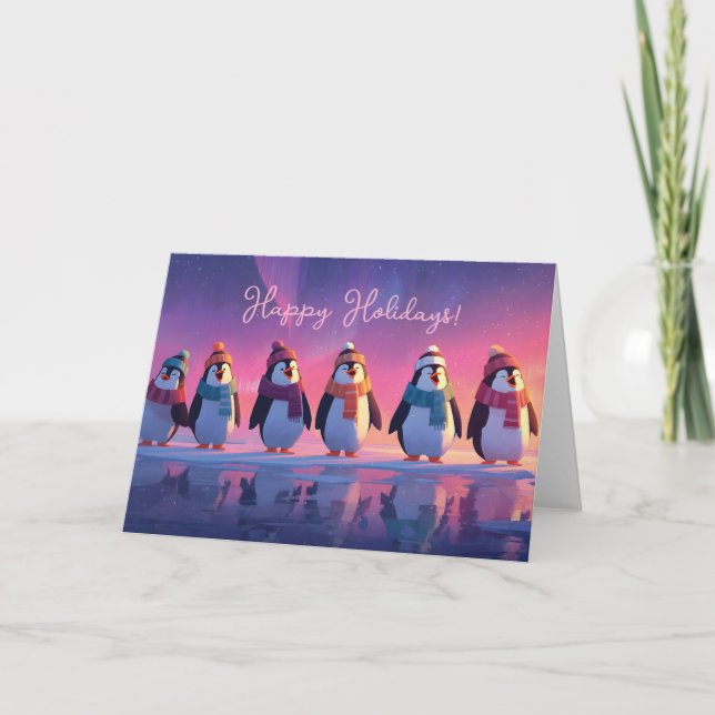 Singing Penguins Under a Vibrant Arctic Aurora Card (Front)