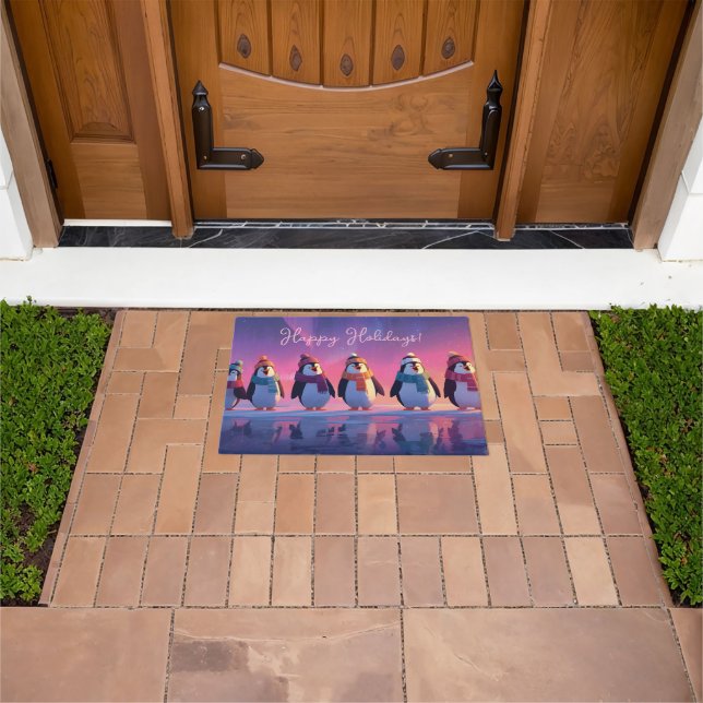 Singing Penguins Under a Vibrant Arctic Aurora Doormat (Outdoor)