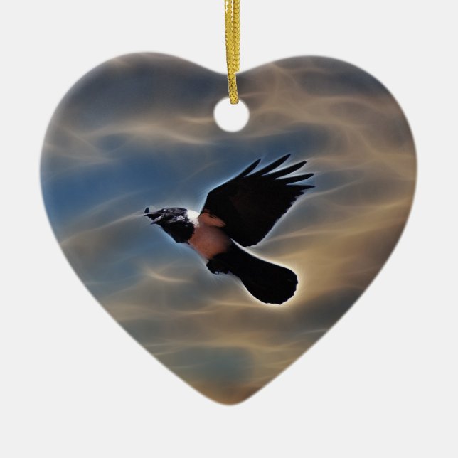Singing raven in flight ceramic tree decoration (Front)