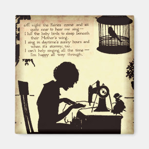 Singing Sewing Lady Vintage Fairy Poem Magnet
