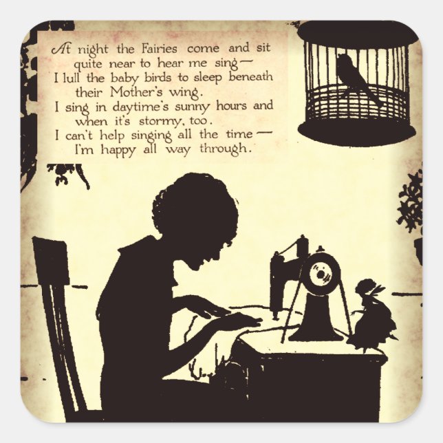 Singing Sewing Lady Vintage Fairy Poem Square Sticker (Front)