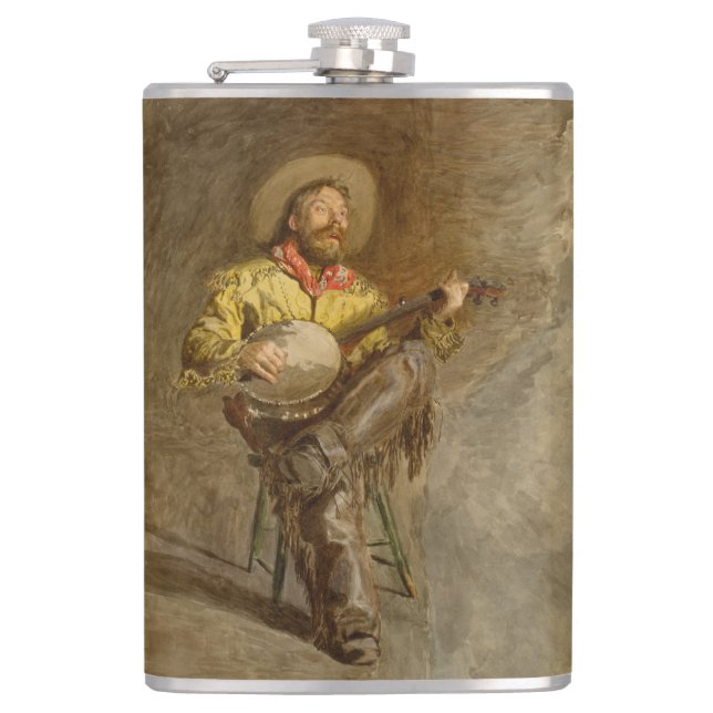 Singing Spanish Cowboy w Banjo Playing Trail Song Hip Flask (Front)