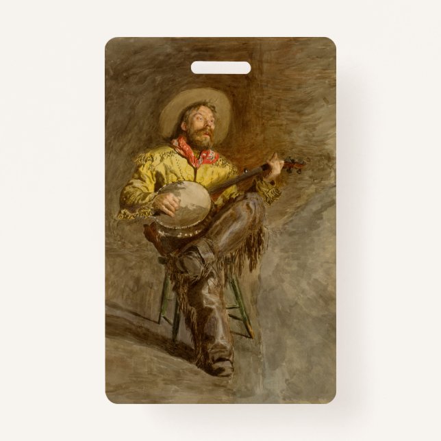 Singing Spanish Cowboy w Banjo Playing Trail Song ID Badge (Front)
