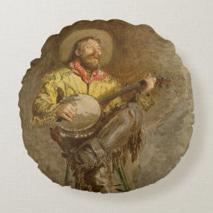 Singing Spanish Cowboy w Banjo Playing Trail Song Round Cushion