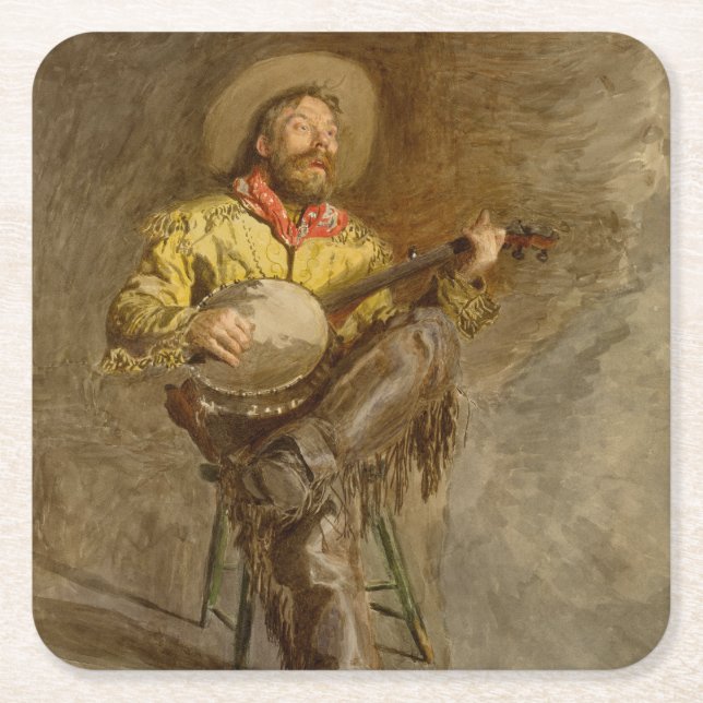 Singing Spanish Cowboy w Banjo Playing Trail Song Square Paper Coaster (Front)