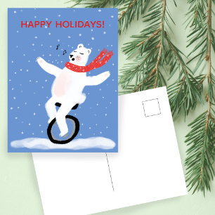 Singing Unicycle Polar Bear Christmas Cute Custom Holiday Postcard