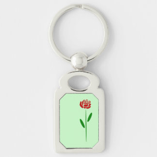 Single Art Deco Red Rose Green Leaves and Stem Key Ring