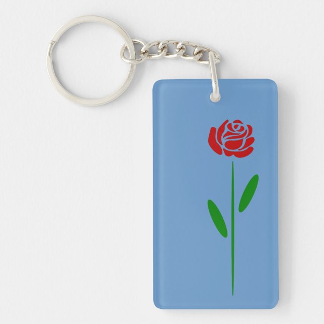 Single Art Deco Red Rose Green Leaves and Stem Key Ring (Front)