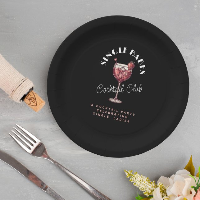 Single Babes Galentine’s Day Party Black Cocktail  Paper Plate (Creator Uploaded)