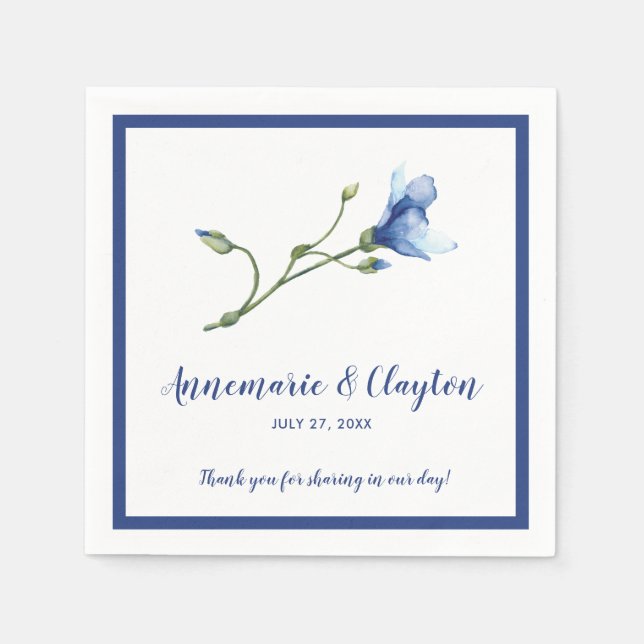 Single Blue Watercolor Flower Reception | Napkin (Front)