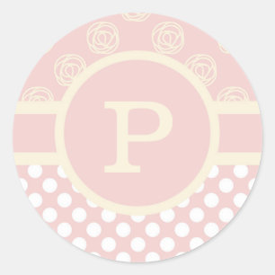 Single Custom Monogram Polka Dot and Roses  Classic Round Sticker