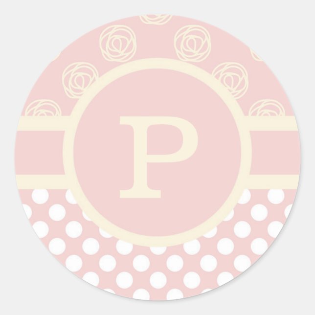 Single Custom Monogram Polka Dot and Roses  Classic Round Sticker (Front)
