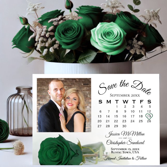 Single Emerald Green Rose Wedding Calendar & Photo Save The Date (Creator Uploaded)