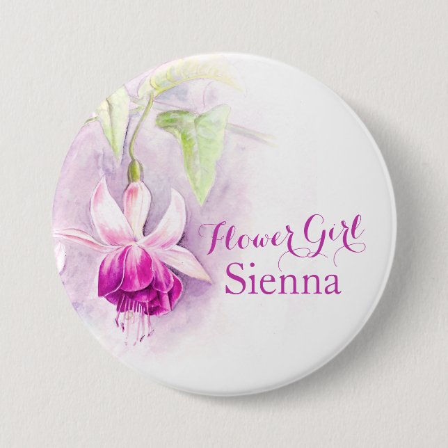 Single fuchsia flower girl wedding pin / button (Front)