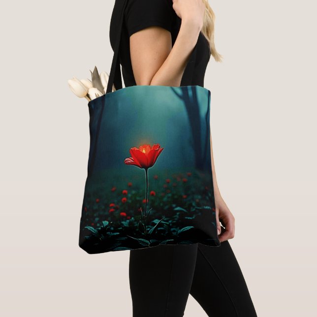 Single Glowing Red Flower Art Tote Bag (Close Up)