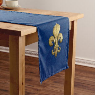 Single Gold Fleur De Lis on Blue Short Table Runner
