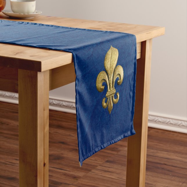Single Gold Fleur De Lis on Blue Short Table Runner (In Situ)