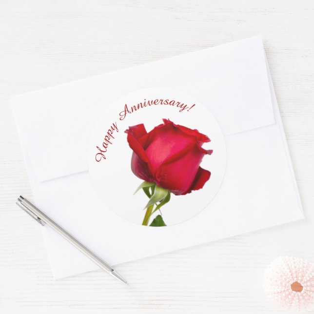 Single Happy Anniversary Red Rose Photo Template Classic Round Sticker (Envelope)