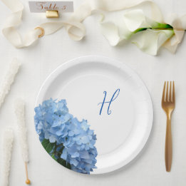 Single Initial Blue Floral Wedding Paper Plate