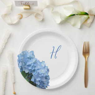 Single Initial Blue Floral Wedding  Paper Plate