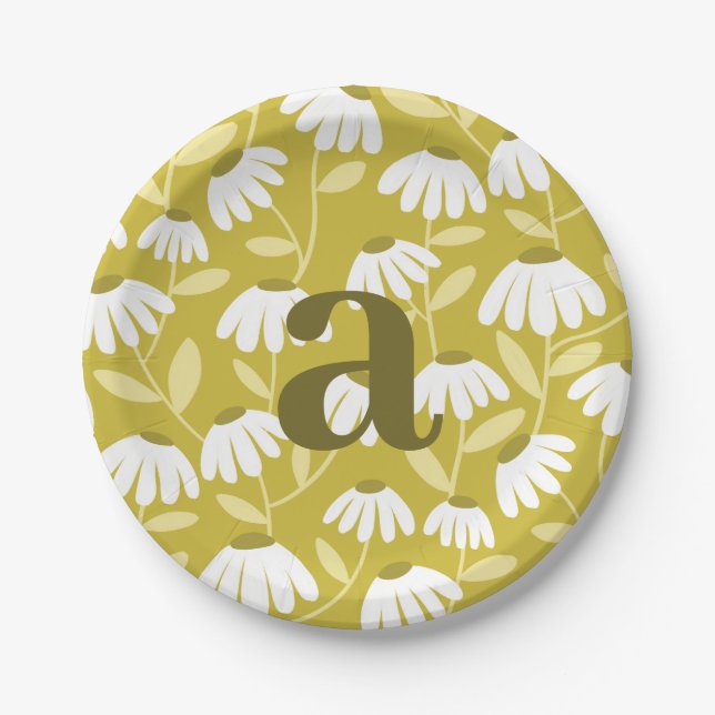 Single Letter Monogram Olive Green Floral Pattern Paper Plate (Front)