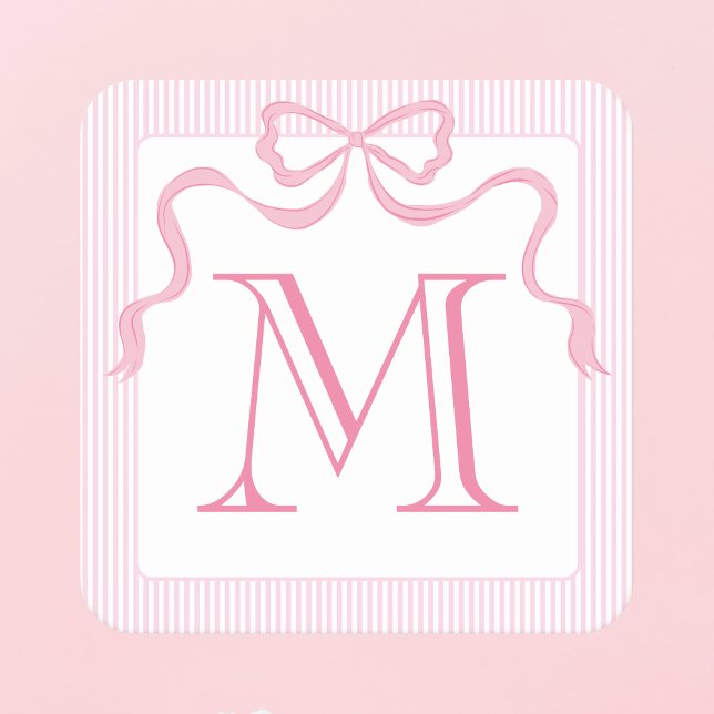 Single Letter Monogram Pink Bow, Custom Ribbon Square Paper Coaster (Creator Uploaded)