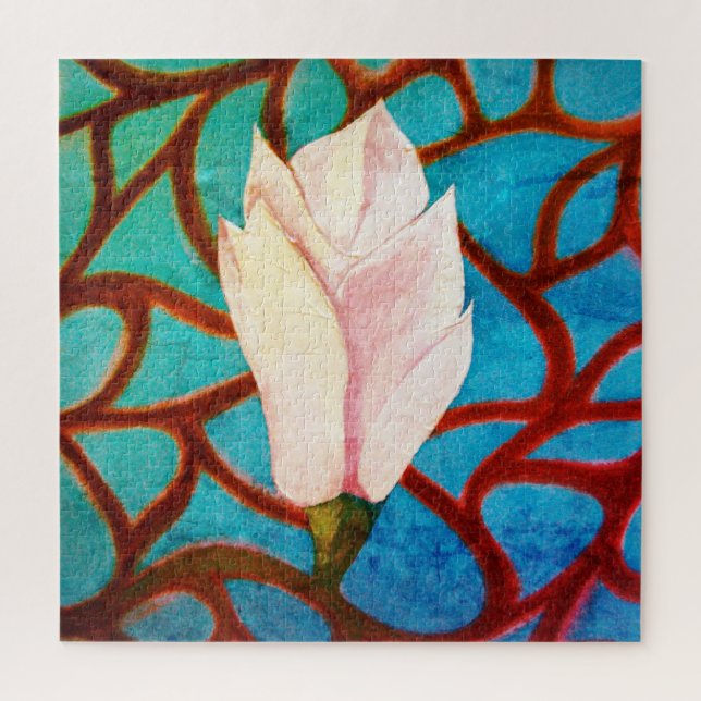 Single Magnolia Flower Pink Teal Template Spring Jigsaw Puzzle (Vertical)
