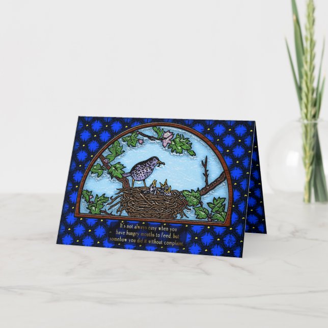 Single Momma Bird Feeding Babies in Nest Card (Front)