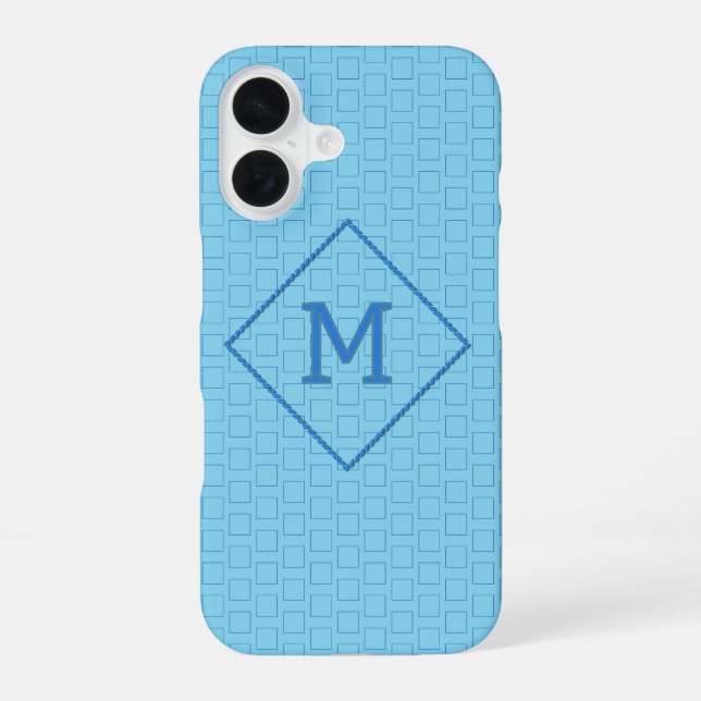 Single Monogram on Blue Boxes Backdrop Custom iPhone 16 Case (Back)