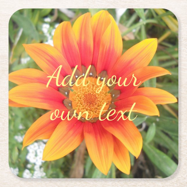 Single Orange Flower Custom Text Square Paper Coaster (Front)