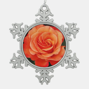 Single orange rose pewter snowflake ornament