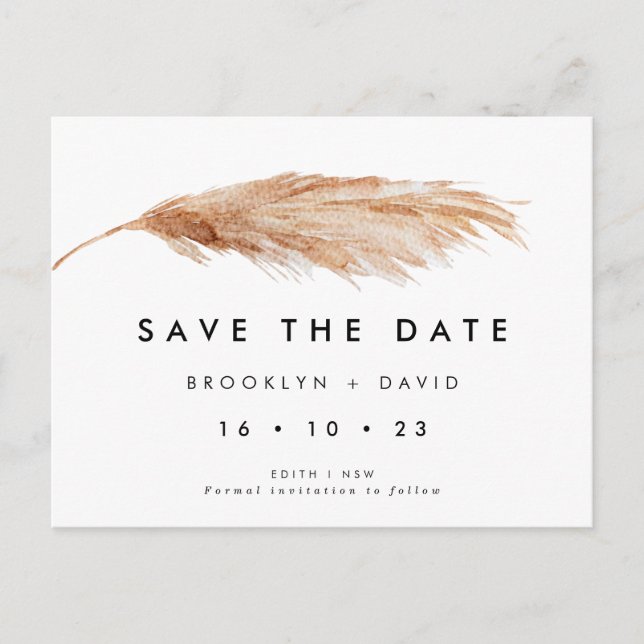 Single Pampas Grass Save The Date Postcard (Front)