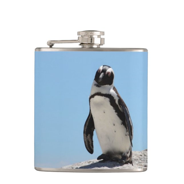 Single Penguin Blue Sky Hip Flask (Front)