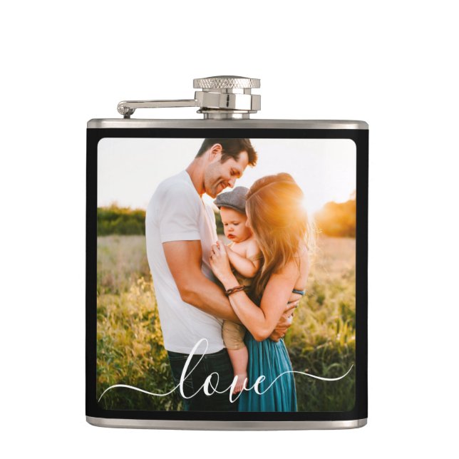 Single Photo Cursive Love Text Black Hip Flask (Front)