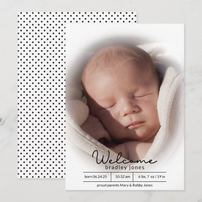 Single Photo Cute Typography Baby Birth Announcement (Front/Back)
