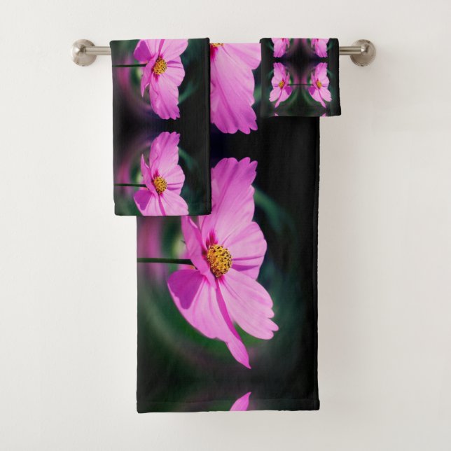 Single Pink Cosmos Flower Abstract Pattern    Bath Towel Set (Insitu)