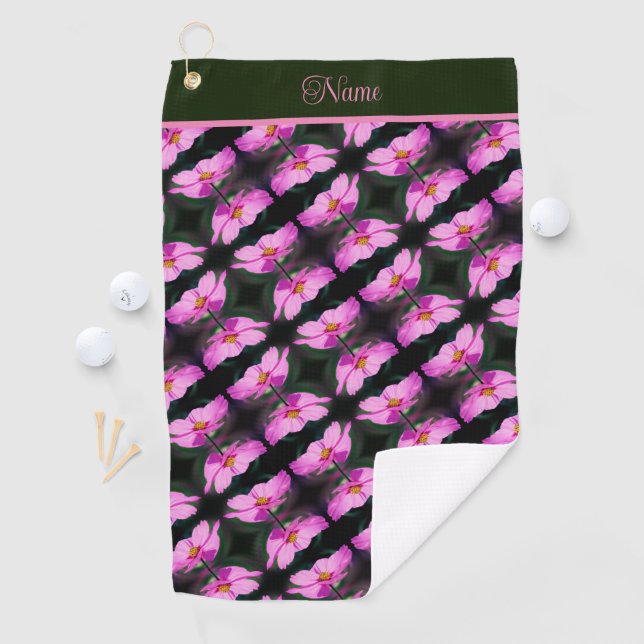Single Pink Cosmos Flower Pattern Personalised  Golf Towel (InSitu)