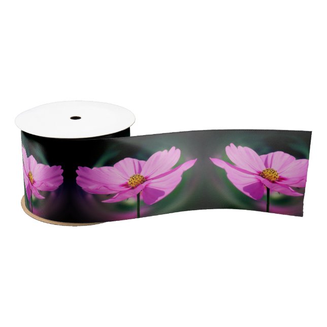 Single Pink Cosmos Wildflower  Satin Ribbon (Spool)