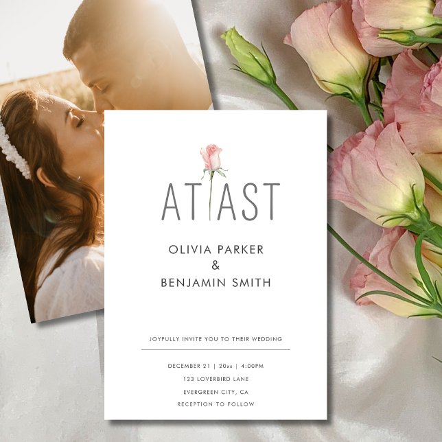 Single Pink Rose At Last Photo Elegant Wedding Invitation (At Last Minimalist Photo Rose Modern Wedding In Invitation)