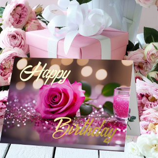 Single Pink Rose Elegant Birthday Wish Foil Greeting Card