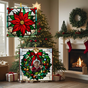 Single Poinsettias Faux Stained Glass Ceramic Ornament