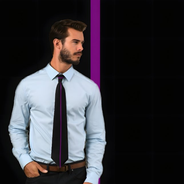 Single Purple Stripe on Black Tie (Guy wearing a Single Purple Vertical Stripe on Black Tie.)