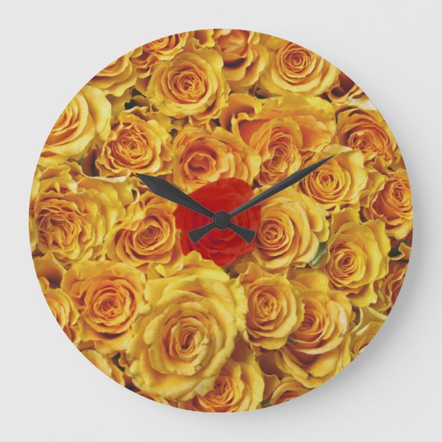 Single Red in Yellow Bed Roses Large Clock (Front)