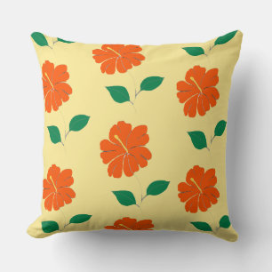 Single Red Orange Hibiscus on Yellow Background Cushion