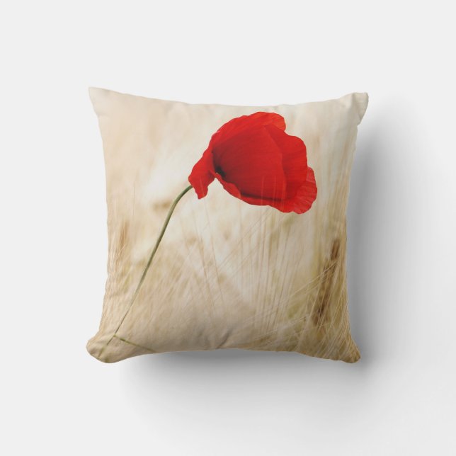 Single Red Poppy in a Grassy Field Cushion (Front)