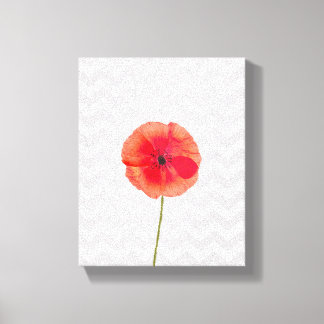 Single red poppy on grey and white chevron pattern canvas print